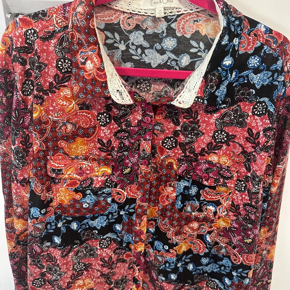 Eden & Olivia Multicolor Paisley Button Down Roll Sleeve Top 3X